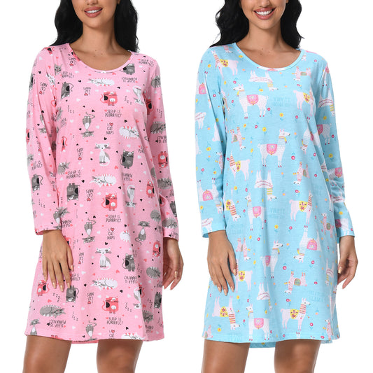 FEREMO Long Sleeve Nightgowns for Women Cotton Printed Sleepshirt Soft Loose House Dresses 2 Pack