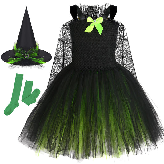 Girls Green Witch Costume Tutu Dress with Headband, Cape, Socks