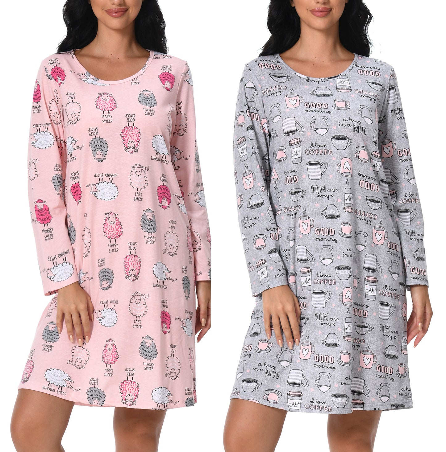 FEREMO Long Sleeve Nightgowns for Women Cotton Printed Sleepshirt Soft Loose House Dresses 2 Pack