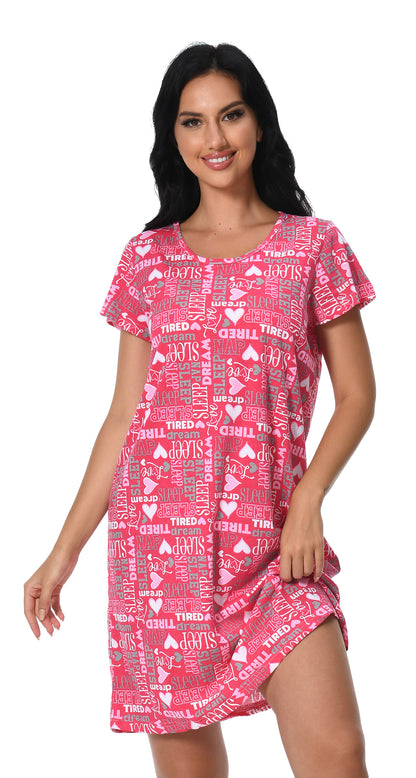 PinkBeautiM Cotton Nightgowns for Women Soft Nightshirts Printed Round Neck Sleep Dress 3 Pack