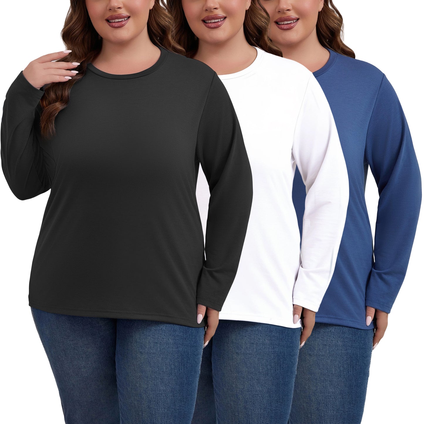 PinkBeautiM Womens Plus Size Tops Long Sleeve Shirts Crew Neck Casual Soft Blouse3 Pack