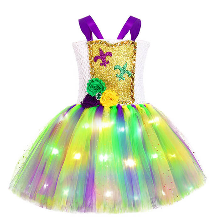 Girls Carnival Flower Decoration LED Light Sequin Tutu Dress