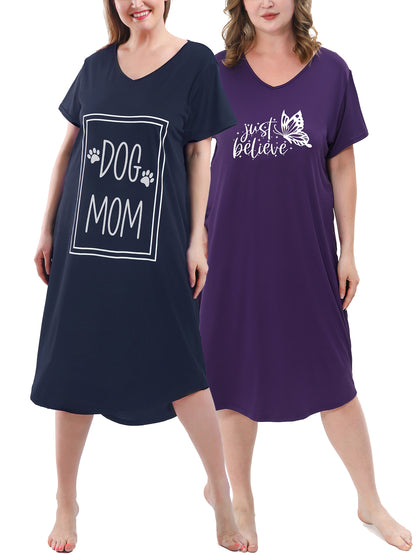 FEREMO Plus Size Nightgowns for Women Short Sleeve Printed Sleepwear Long Comfy Sleep Gown 2 Pack