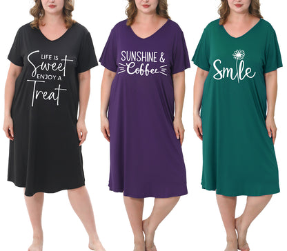 FEREMO Nightgown for Women Plus Size Long Sleepwear Printed Comfy Sleep Shirts 3 Pack