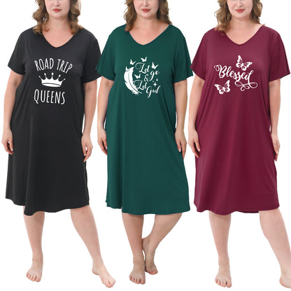 FEREMO 3 Pack Nightgowns for Women Plus Size V Neck Printed Sleepwear Loose Comfy Night Gown