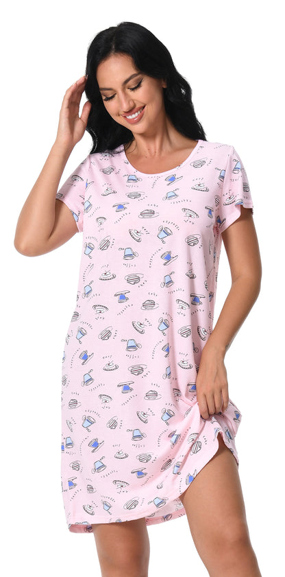 PinkBeautiM Cotton Nightgowns for Women Soft Nightshirts Printed Round Neck Sleep Dress 3 Pack