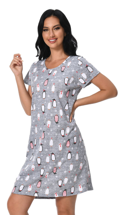 PinkBeautiM Cotton Nightgowns for Women Soft Nightshirts Printed Round Neck Sleep Dress 3 Pack