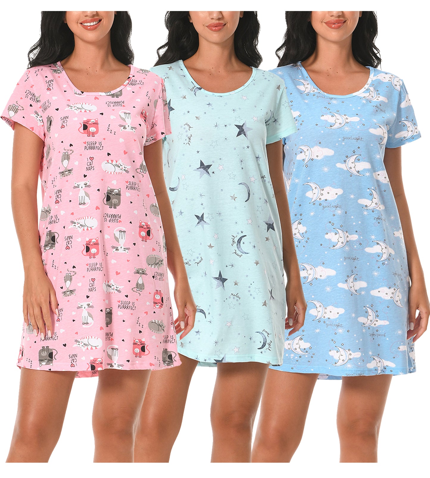 PinkBeautiM Cotton Nightgowns for Women Soft Nightshirts Printed Round Neck Sleep Dress 3 Pack