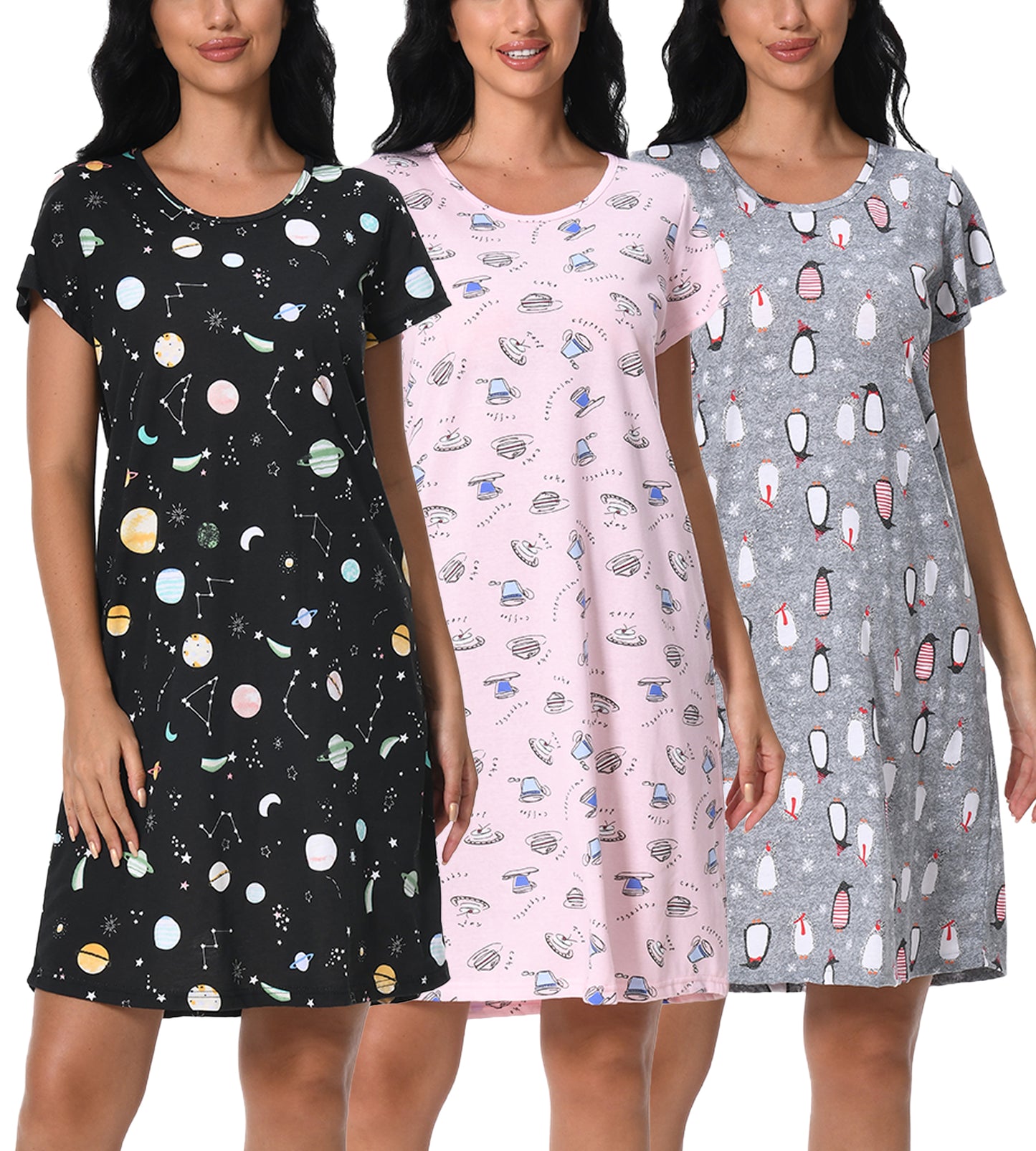 PinkBeautiM Cotton Nightgowns for Women Soft Nightshirts Printed Round Neck Sleep Dress 3 Pack