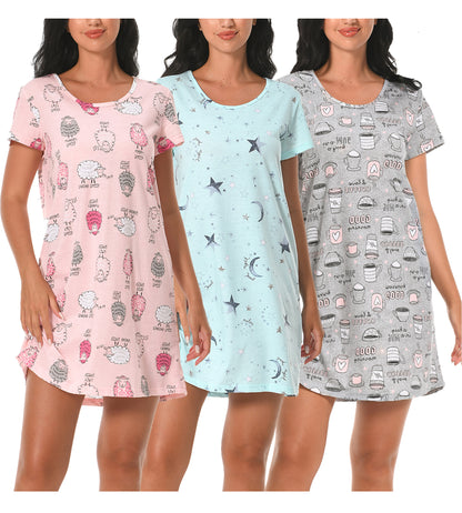 PinkBeautiM Cotton Nightgowns for Women Soft Nightshirts Printed Round Neck Sleep Dress 3 Pack