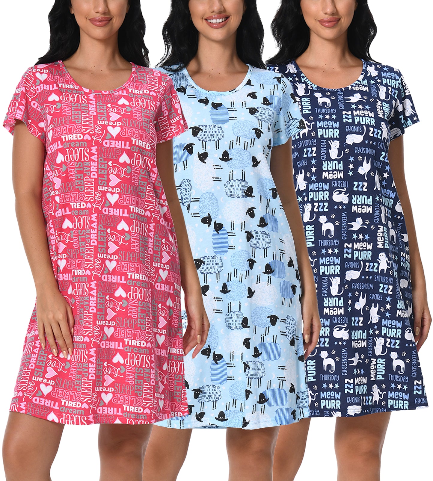 PinkBeautiM Cotton Nightgowns for Women Soft Nightshirts Printed Round Neck Sleep Dress 3 Pack