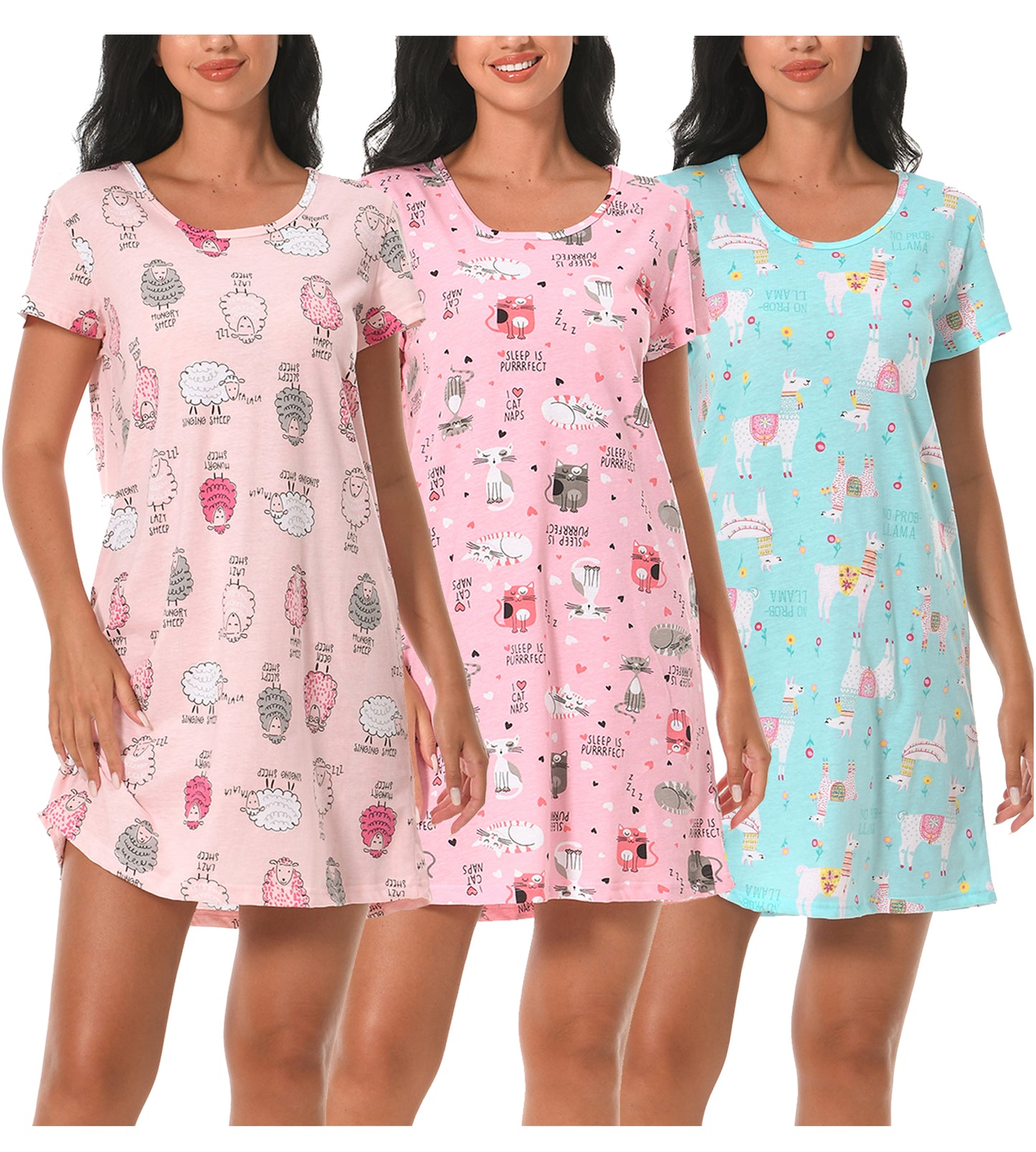 PinkBeautiM Cotton Nightgowns for Women Soft Nightshirts Printed Round Neck Sleep Dress 3 Pack