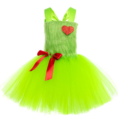 Girls Christmas Green Hairy Monster Tutu Dress