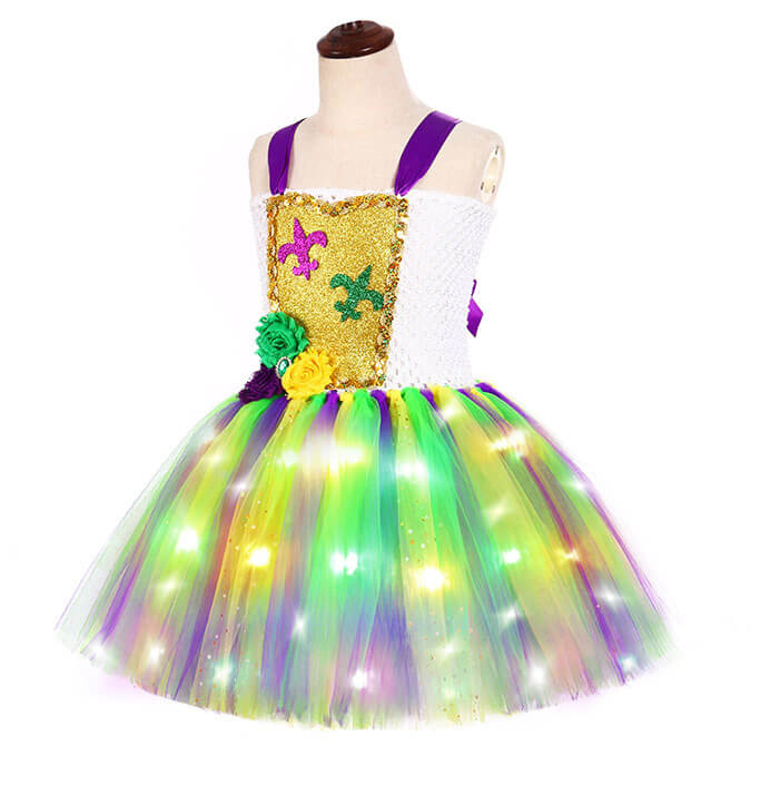 Girls Carnival Flower Decoration LED Light Sequin Tutu Dress