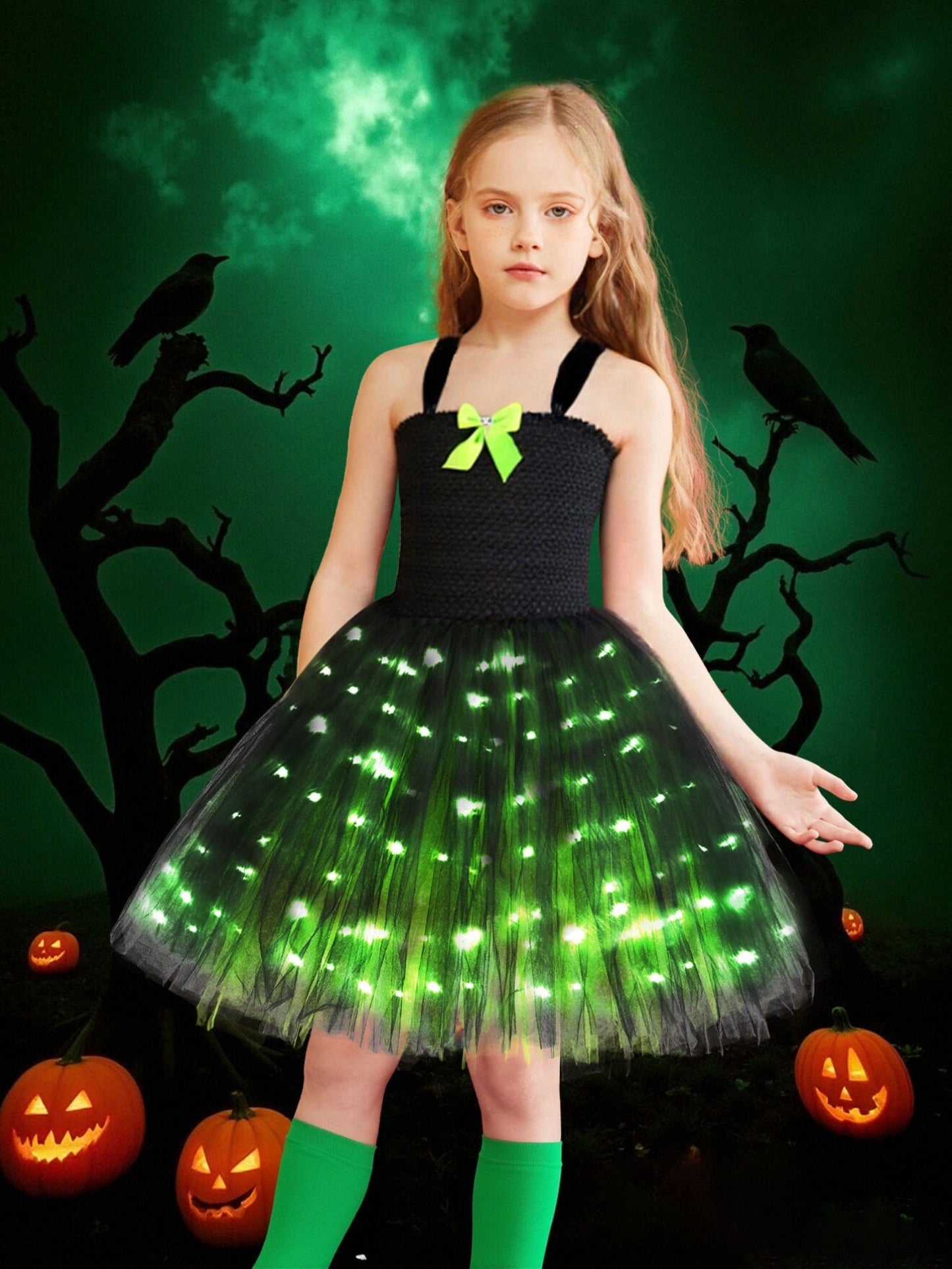 Girls Green Witch Costume Tutu Dress with Headband, Cape, Socks