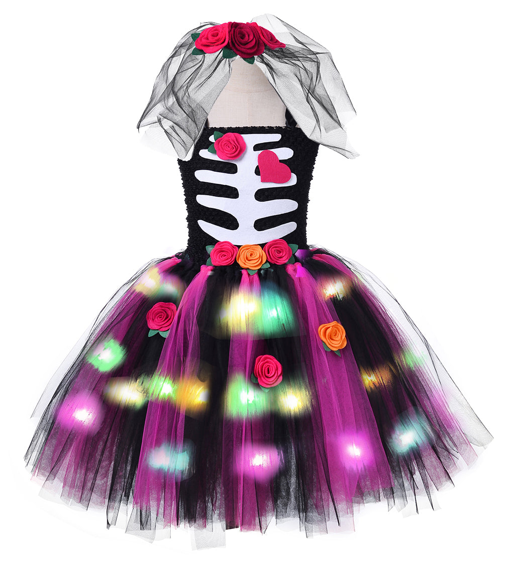 Tutu Dreams LED Day of the Dead Costume for Girls with Veil Headwear Hallwoeen Dress Up Clothes Holiday Party