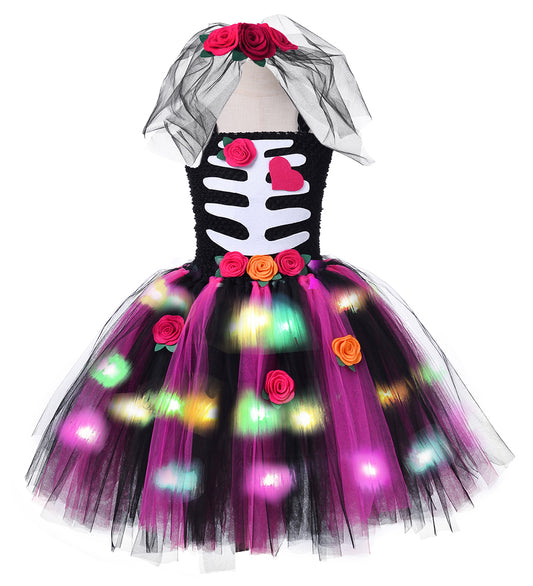 Tutu Dreams LED Day of the Dead Costume for Girls with Veil Headwear Hallwoeen Dress Up Clothes Holiday Party