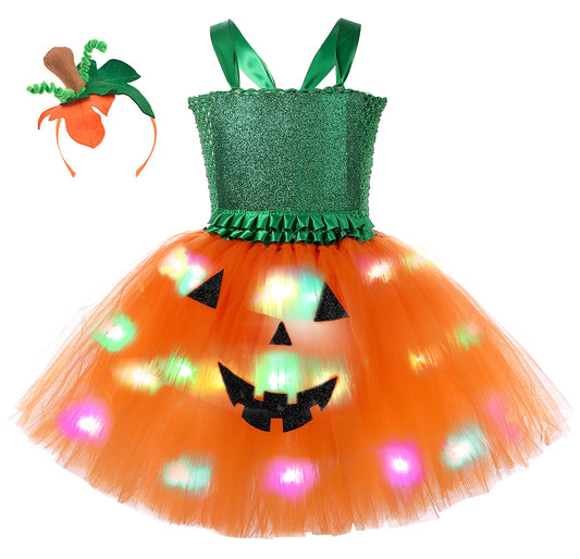 Tutu Dreams LED Pumpkin Costume for Girls Kids Halloween Light Up Tutu Dress with Headband
