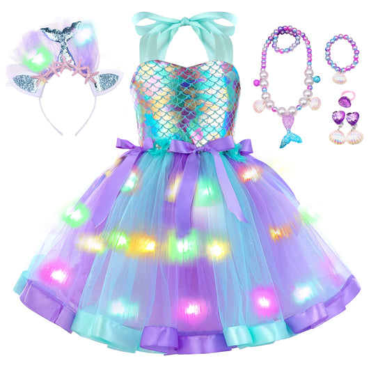 Girls LED Light Fish Scale Sequins Mermaid Costume