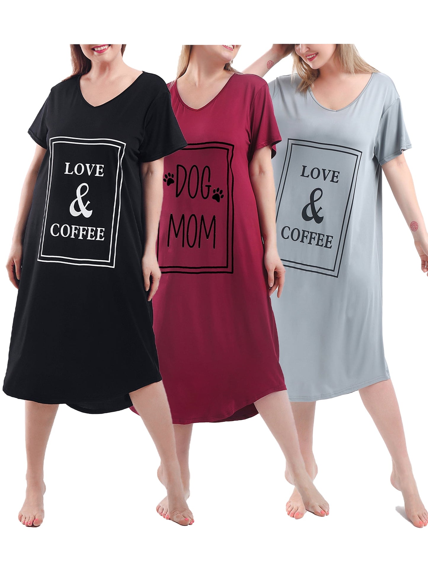 FEREMO Nightgown for Women Plus Size Long Sleepwear Printed Comfy Sleep Shirts 3 Pack