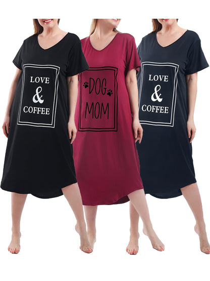 FEREMO Nightgown for Women Plus Size Long Sleepwear Printed Comfy Sleep Shirts 3 Pack