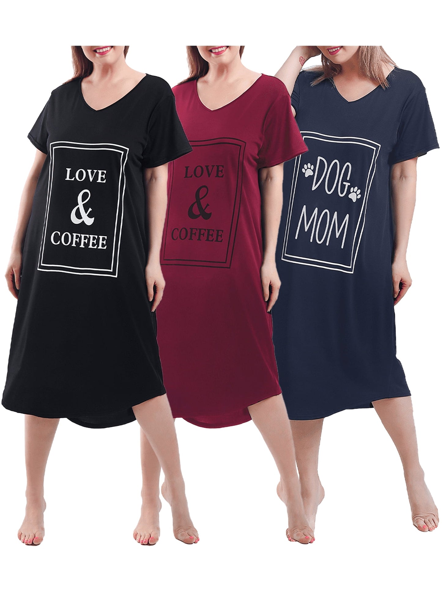 FEREMO Nightgown for Women Plus Size Long Sleepwear Printed Comfy Sleep Shirts 3 Pack