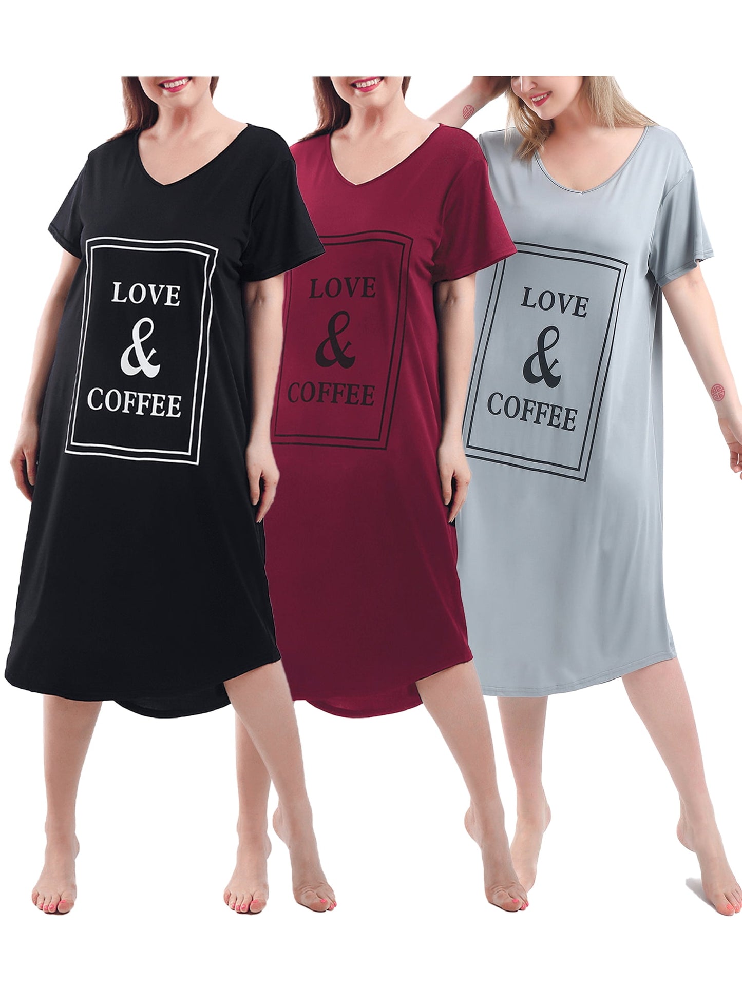 FEREMO Nightgown for Women Plus Size Long Sleepwear Printed Comfy Sleep Shirts 3 Pack