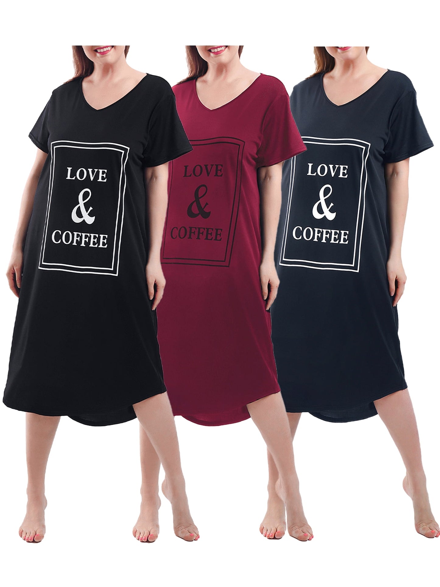 FEREMO Nightgown for Women Plus Size Long Sleepwear Printed Comfy Sleep Shirts 3 Pack