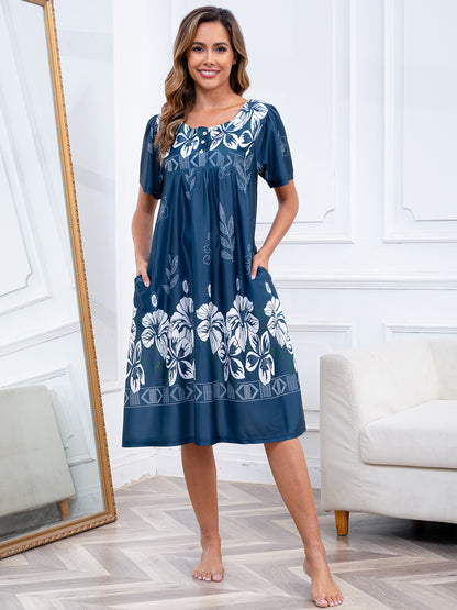 PinkBeautiM Mumu Nightgowns for Women Button Down Neck Lounge Dresses Short Sleeve House Dresses with Pockets
