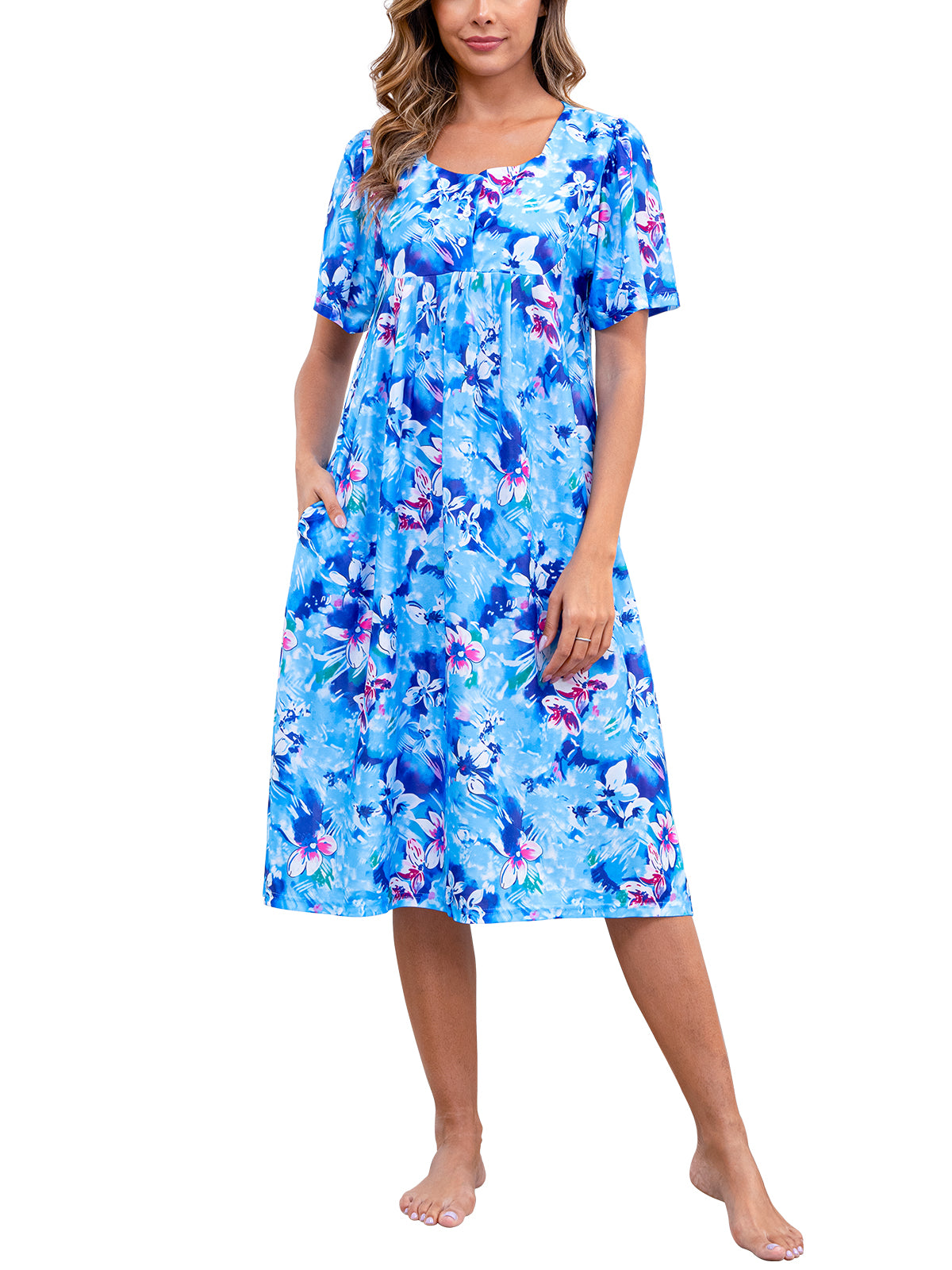PinkBeautiM Mumu Nightgowns for Women Button Down Neck Lounge Dresses Short Sleeve House Dresses with Pockets