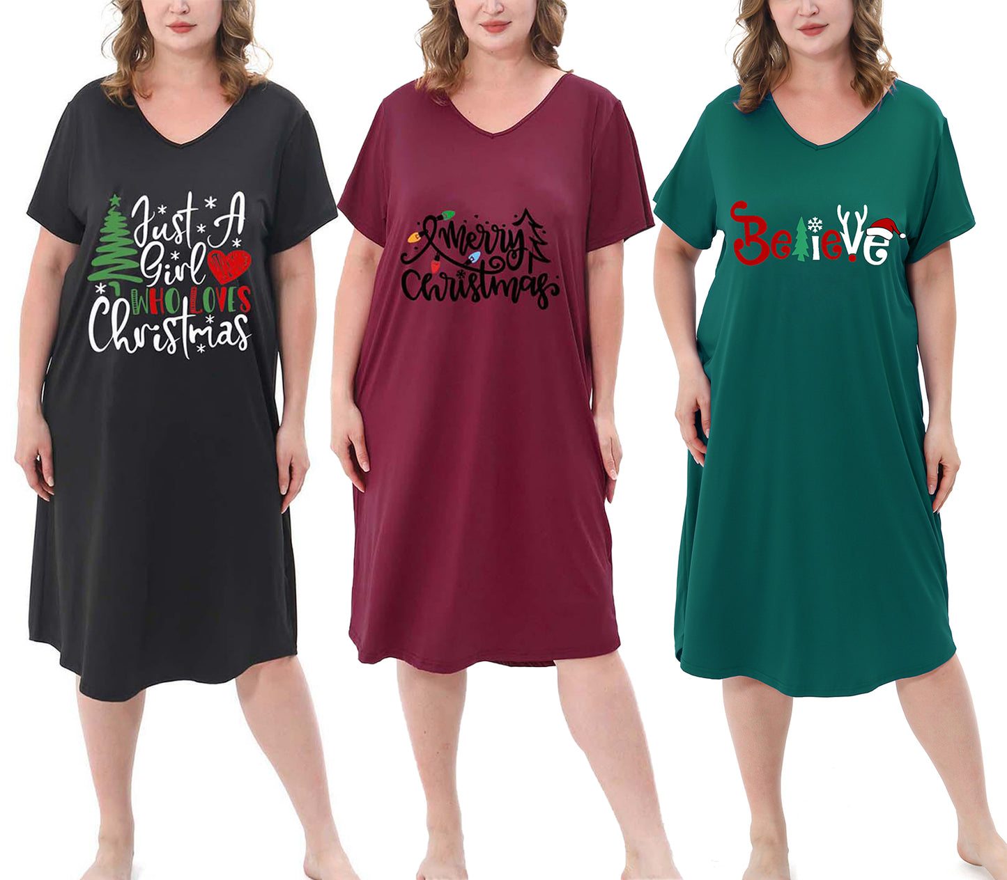 FEREMO 3 Pack Nightgowns for Women Plus Size V Neck Printed Sleepwear Loose Comfy Night Gown