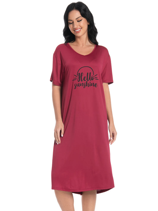 FEREMO Nightgowns for Women V Neck Short Sleeve Sleepshirt Printed Soft Sleepwear