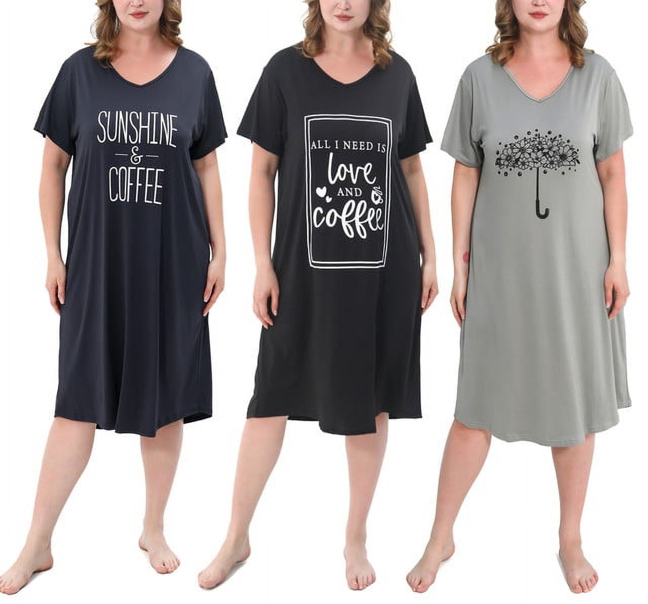 FEREMO 3 Pack Nightgowns for Women Plus Size V Neck Printed Sleepwear Loose Comfy Night Gown