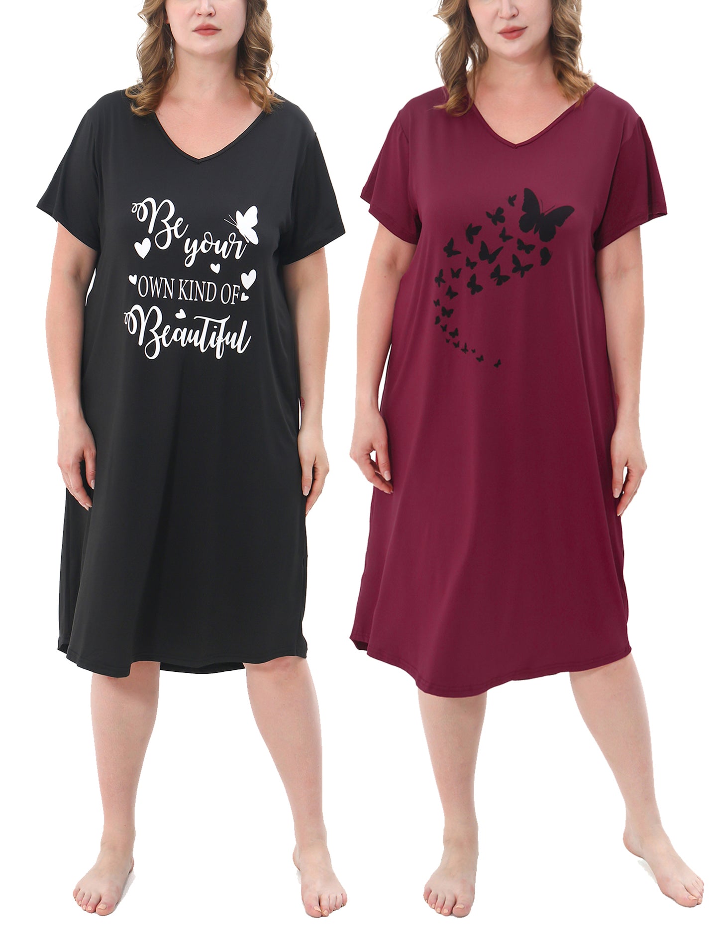 FEREMO Plus Size Nightgowns for Women Short Sleeve Printed Sleepwear Long Comfy Sleep Gown 2 Pack