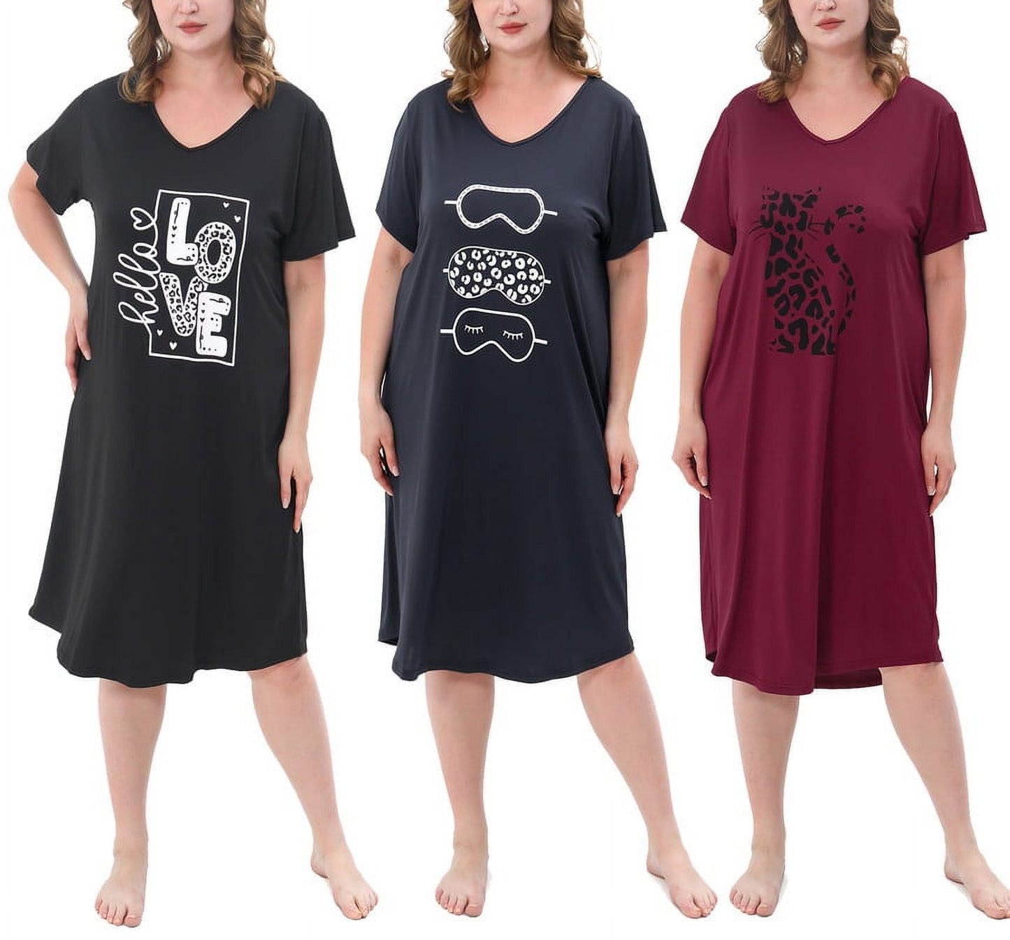 FEREMO 3 Pack Nightgowns for Women Plus Size V Neck Printed Sleepwear Loose Comfy Night Gown