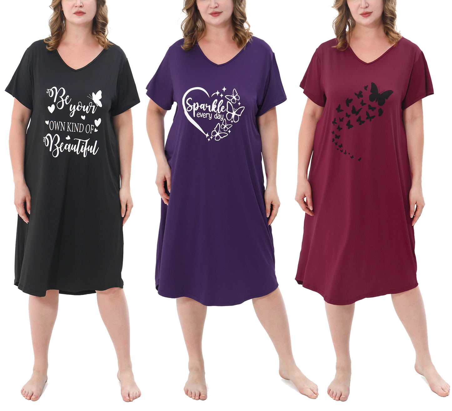 FEREMO 3 Pack Nightgowns for Women Plus Size V Neck Printed Sleepwear Loose Comfy Night Gown