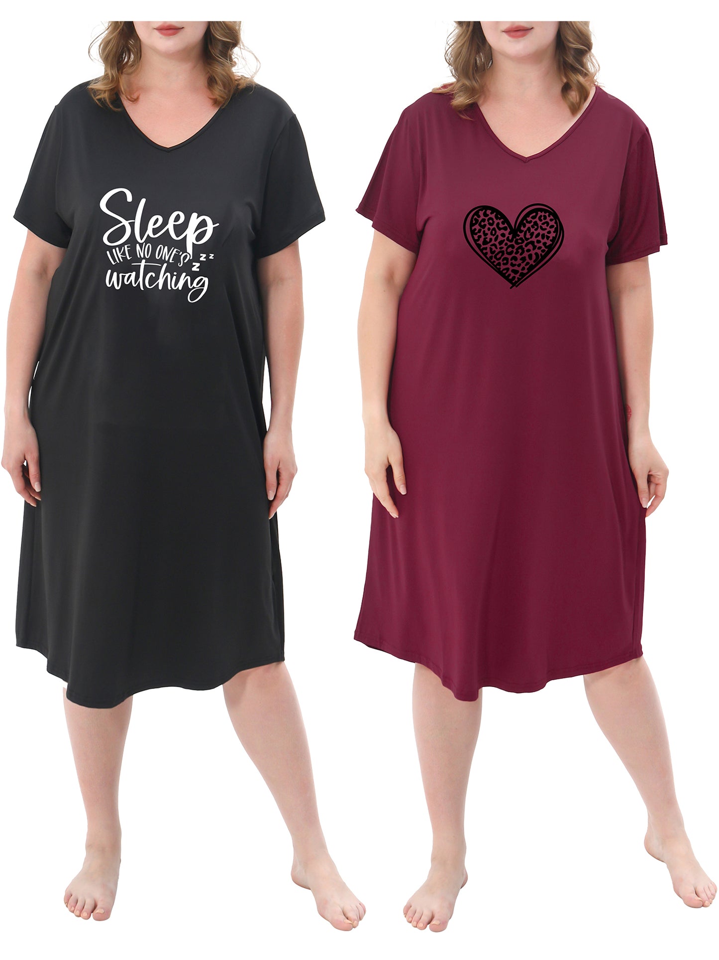 FEREMO Plus Size Nightgowns for Women Short Sleeve Printed Sleepwear Long Comfy Sleep Gown 2 Pack