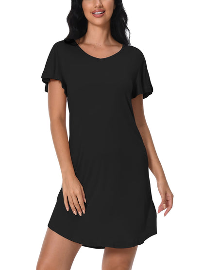 FEREMO Nightgowns for Women V Neck Casual Nightshirt Comfy Sleepshirt Flared Short Sleeve Sleepwear