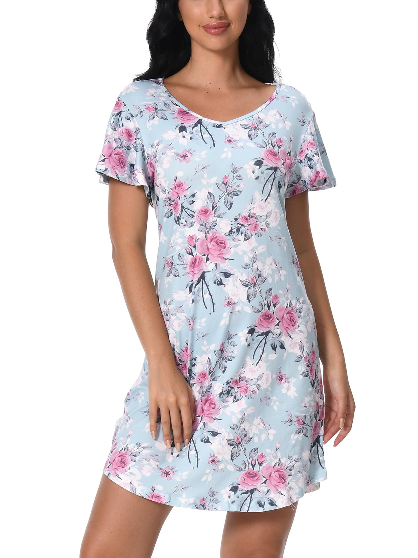 FEREMO Nightgowns for Women V Neck Casual Nightshirt Comfy Sleepshirt Flared Short Sleeve Sleepwear