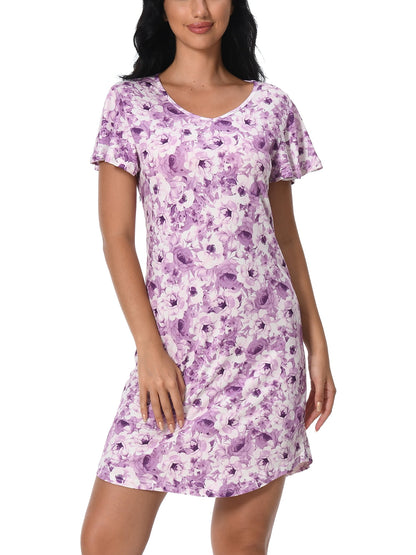 FEREMO Nightgowns for Women V Neck Casual Nightshirt Comfy Sleepshirt Flared Short Sleeve Sleepwear