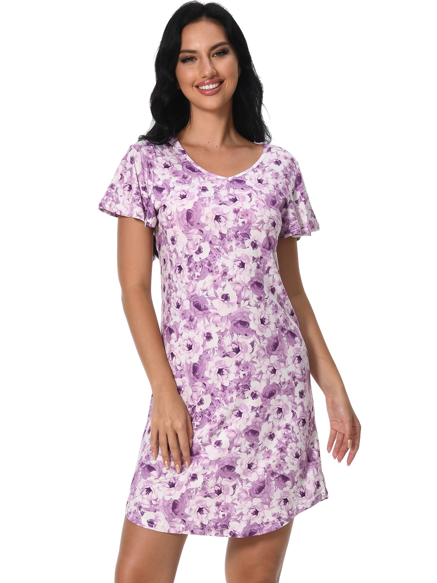 FEREMO Nightgowns for Women V Neck Casual Nightshirt Comfy Sleepshirt Flared Short Sleeve Sleepwear