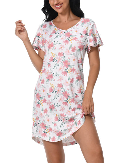 FEREMO Nightgowns for Women V Neck Casual Nightshirt Comfy Sleepshirt Flared Short Sleeve Sleepwear