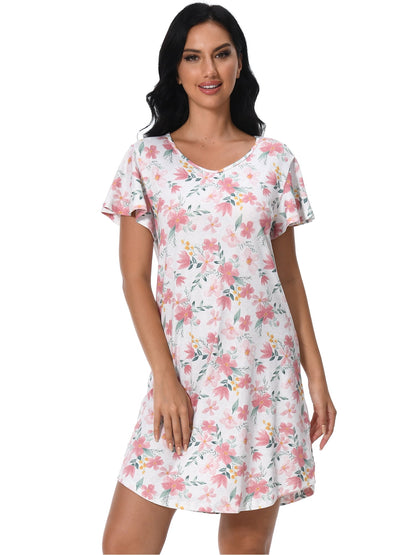 FEREMO Nightgowns for Women V Neck Casual Nightshirt Comfy Sleepshirt Flared Short Sleeve Sleepwear