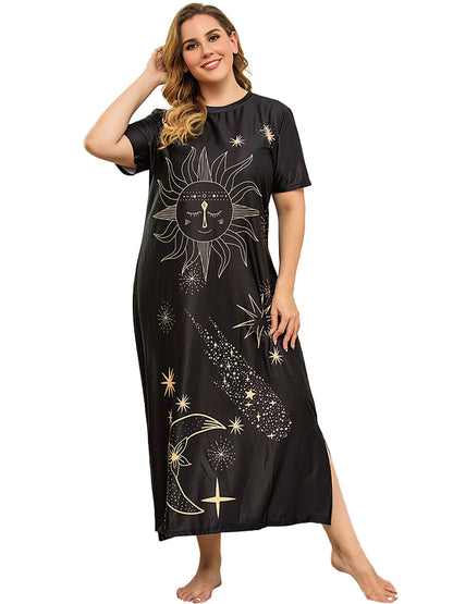 FEREMO Nightgowns for Women Plus Size Print House Dress Casual Night Shirt Short Sleeve Loose Sleepwear