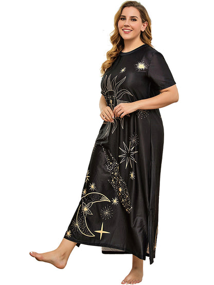 FEREMO Nightgowns for Women Plus Size Print House Dress Casual Night Shirt Short Sleeve Loose Sleepwear