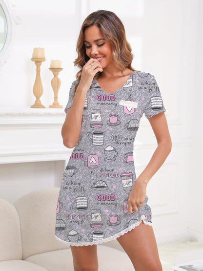 PinkBeautiM Short Sleepshirt for Women Lace Trim Nightgown Knee Length V Neck Sleepwear with Pocket