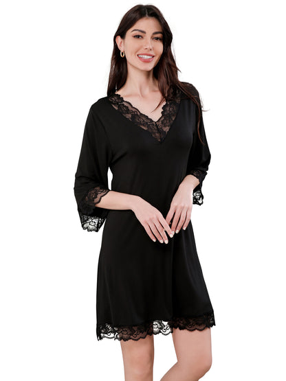 PinkBeautiM Women Nightgowns V Neck Nightshirt Half Sleeve Solid Night Gown Lace Sleepwear