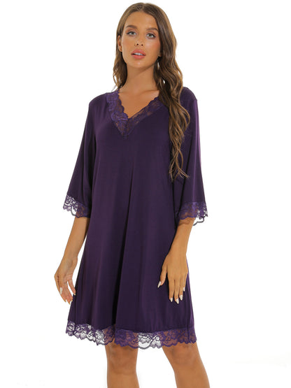 PinkBeautiM Women Nightgowns V Neck Nightshirt Half Sleeve Solid Night Gown Lace Sleepwear