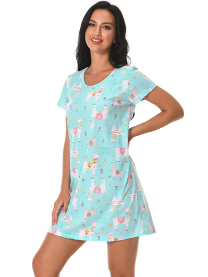 PinkBeautiM Cotton Nightgowns for Women Soft Nightshirts Printed Round Neck Sleep Dress 3 Pack