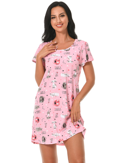 PinkBeautiM Cotton Nightgowns for Women Soft Nightshirts Printed Round Neck Sleep Dress 3 Pack